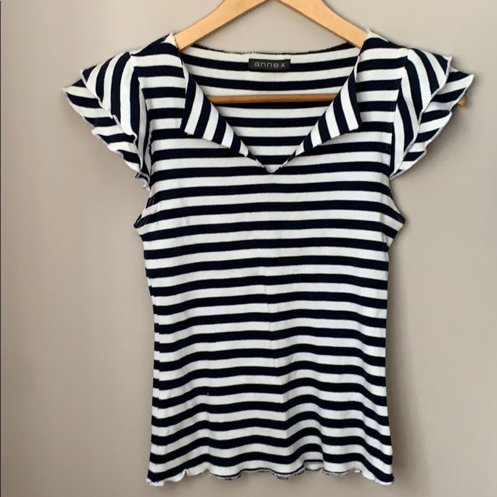 Nautical Striped Frilly Shoulder Tee Shirt Size XS